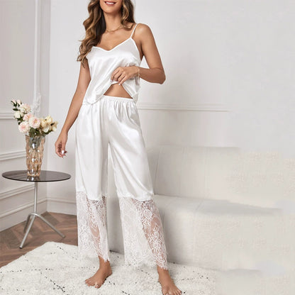 Strap Hollow Lace Wide Leg Pants Suit Hollow-out Camisole Lace Loose Pants Suit