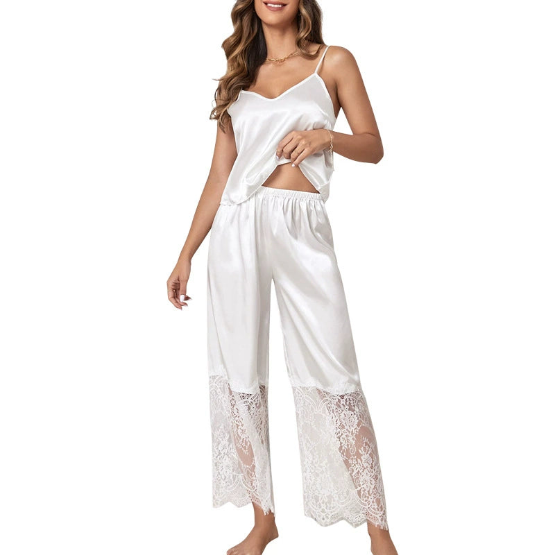 Strap Hollow Lace Wide Leg Pants Suit Hollow-out Camisole Lace Loose Pants Suit